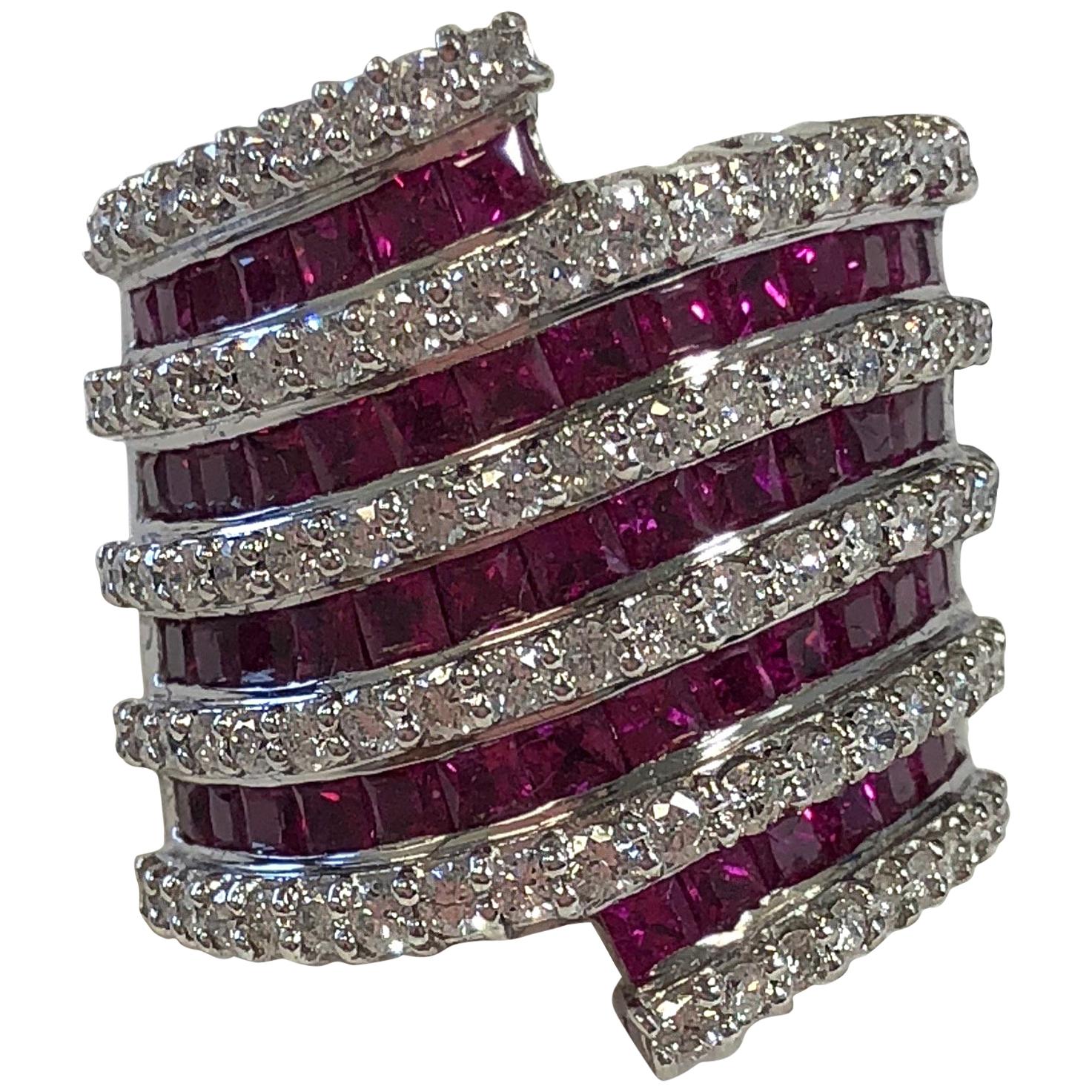 Ruby Square and White Diamond Cocktail Ring in 18 Karat White Gold