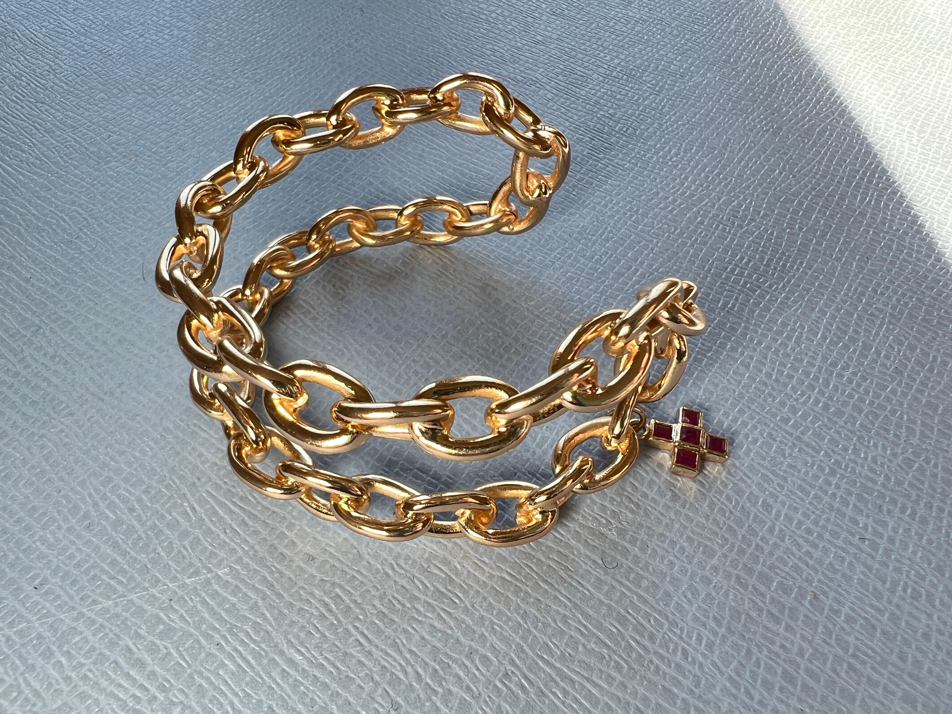 Ruby Square Cross Gold Plated Chain Cuff Bracelet… - image 3
