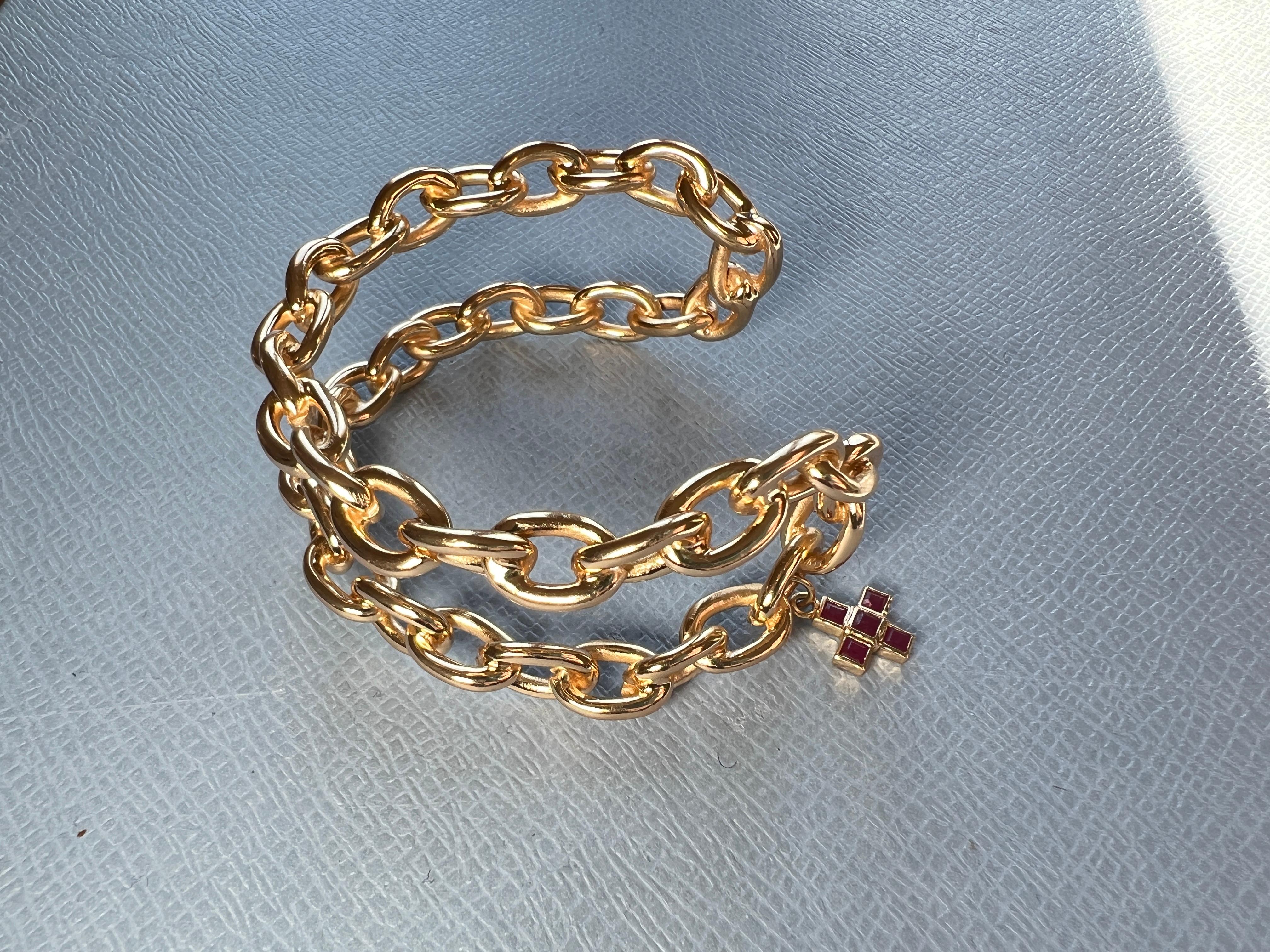 Ruby Square Cross Gold Plated Chain Cuff Bracelet… - image 4
