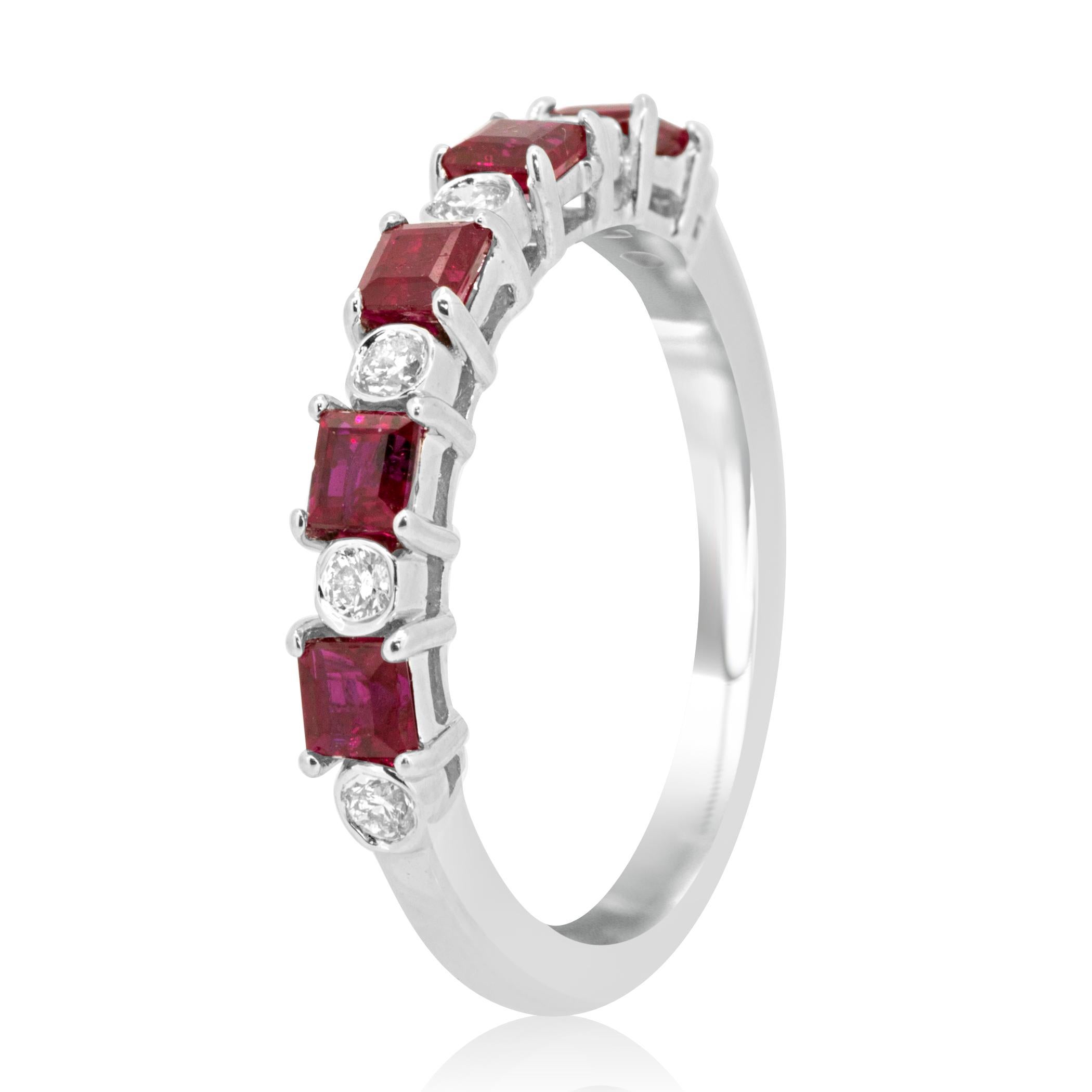 5 Ruby Square 0.90 Carat set alternatively with 6 White G-H Color VS-SI Diamond Round 0.20 Carat in Stunning 11 Stone Fashion Cocktail Band Ring.
Total Stones Weight 1.10 Carat.

MADE IN USA