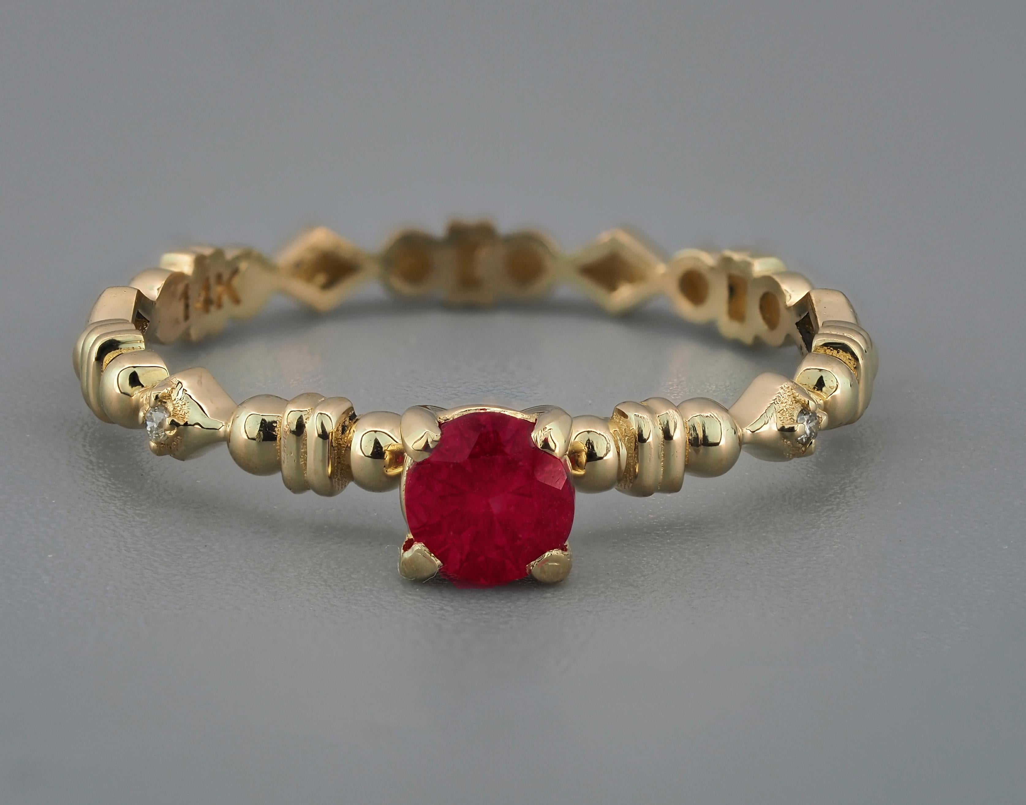 Ruby stackable ring. 
Round ruby 14k gold ring. July birthstone ring. Ruby minimalist ring. Tiny ruby ring. Ruby engagement ring.

Metal: 14k gold
Weight: 1.5 g. depends from size.

Set with ruby, color - red
Round cut, apx 0.50 ct. in total (4.5