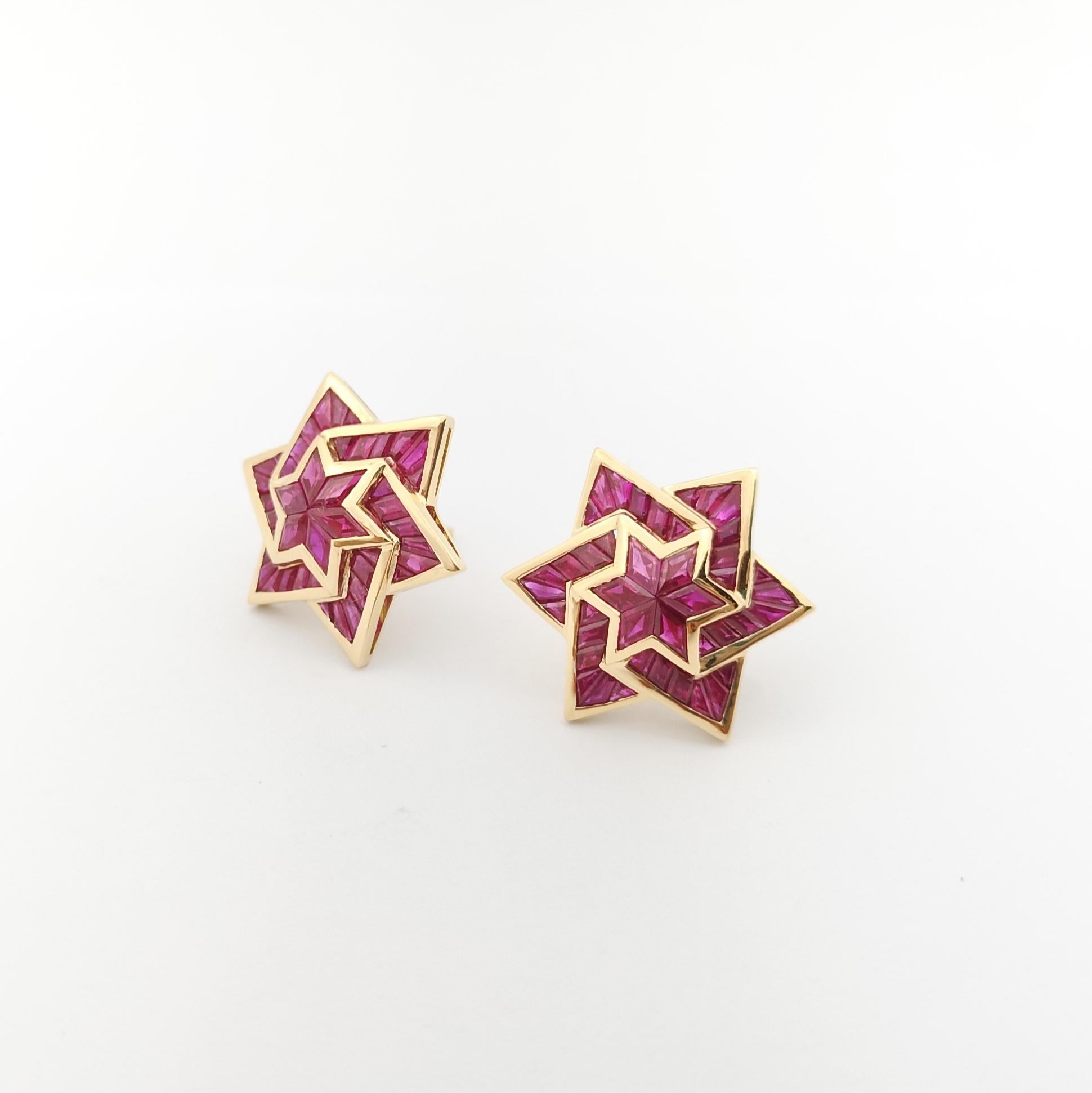 Women's Ruby Star Earrings set in 18K Gold Settings For Sale