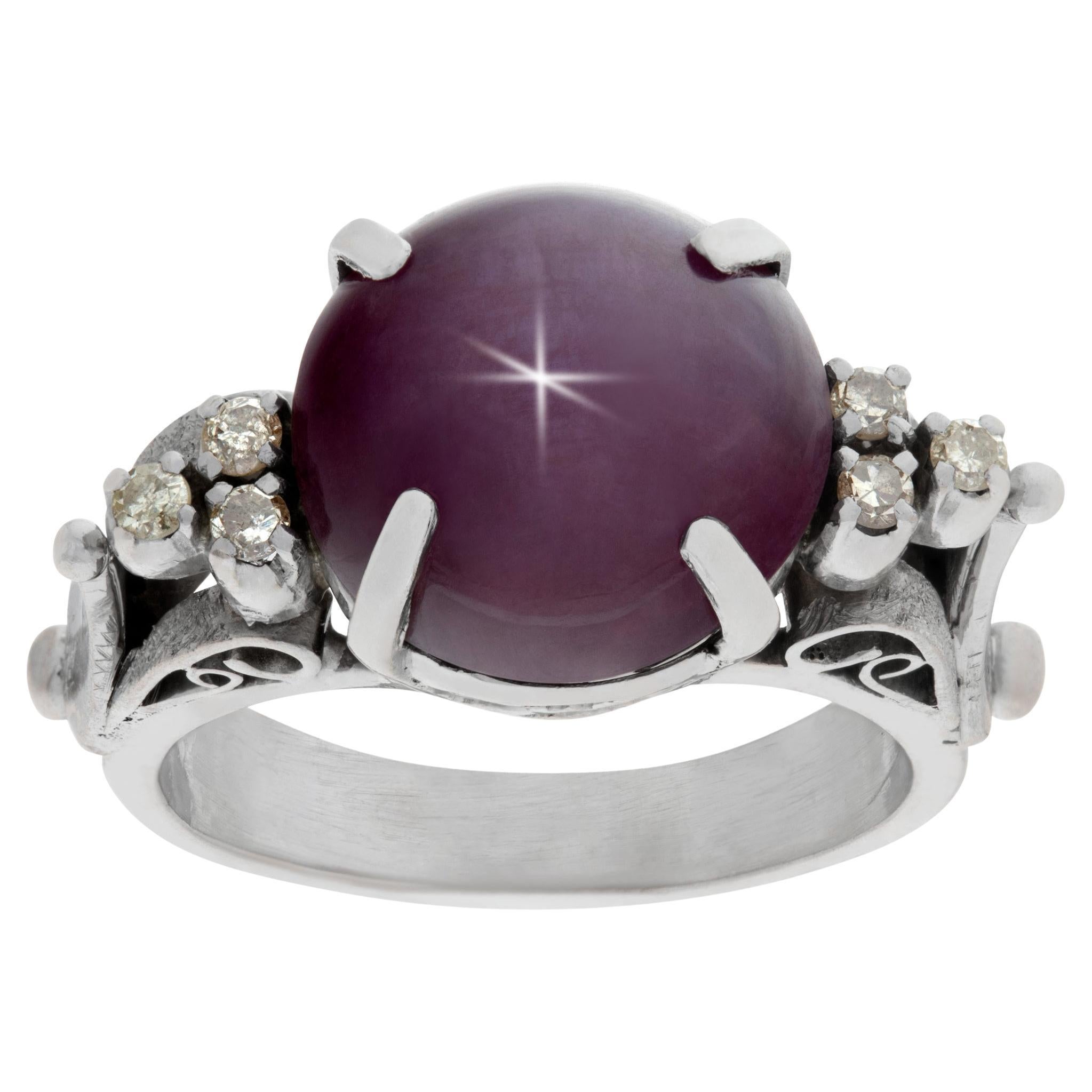 Ruby Star Sapphire Ring in 14k White Gold with Diamond Accents For Sale