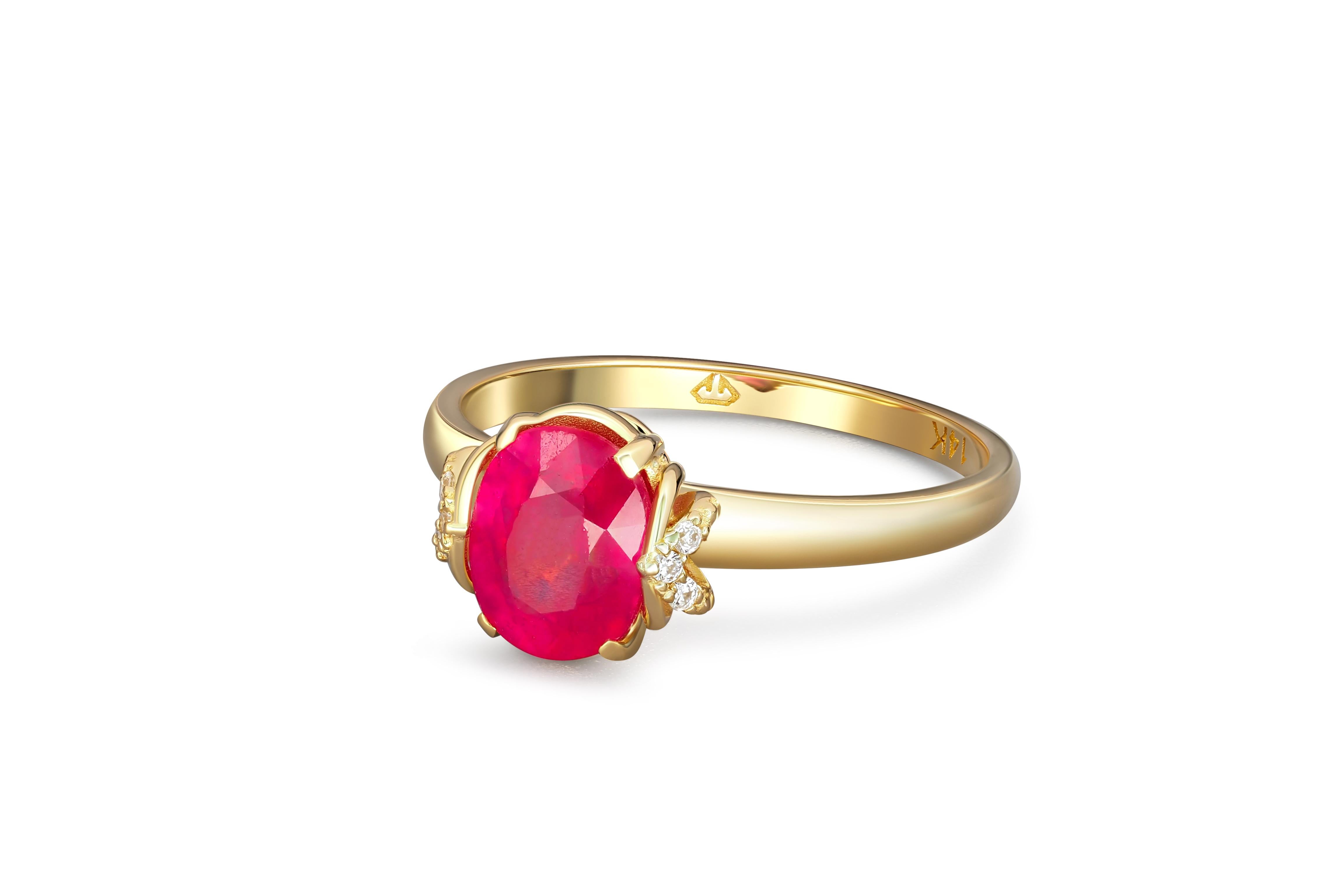 Ruby statement 14k gold ring. 
Oval ruby ring. July birthstone ring. Dainty ruby ring. Ruby engagement ring. Genuine ruby ring.

Metal: 14k gold
Weight: 2.4 g. depends from size.

Set with ruby, color - red
Oval cut, 1.4 ct. in total, 8x6