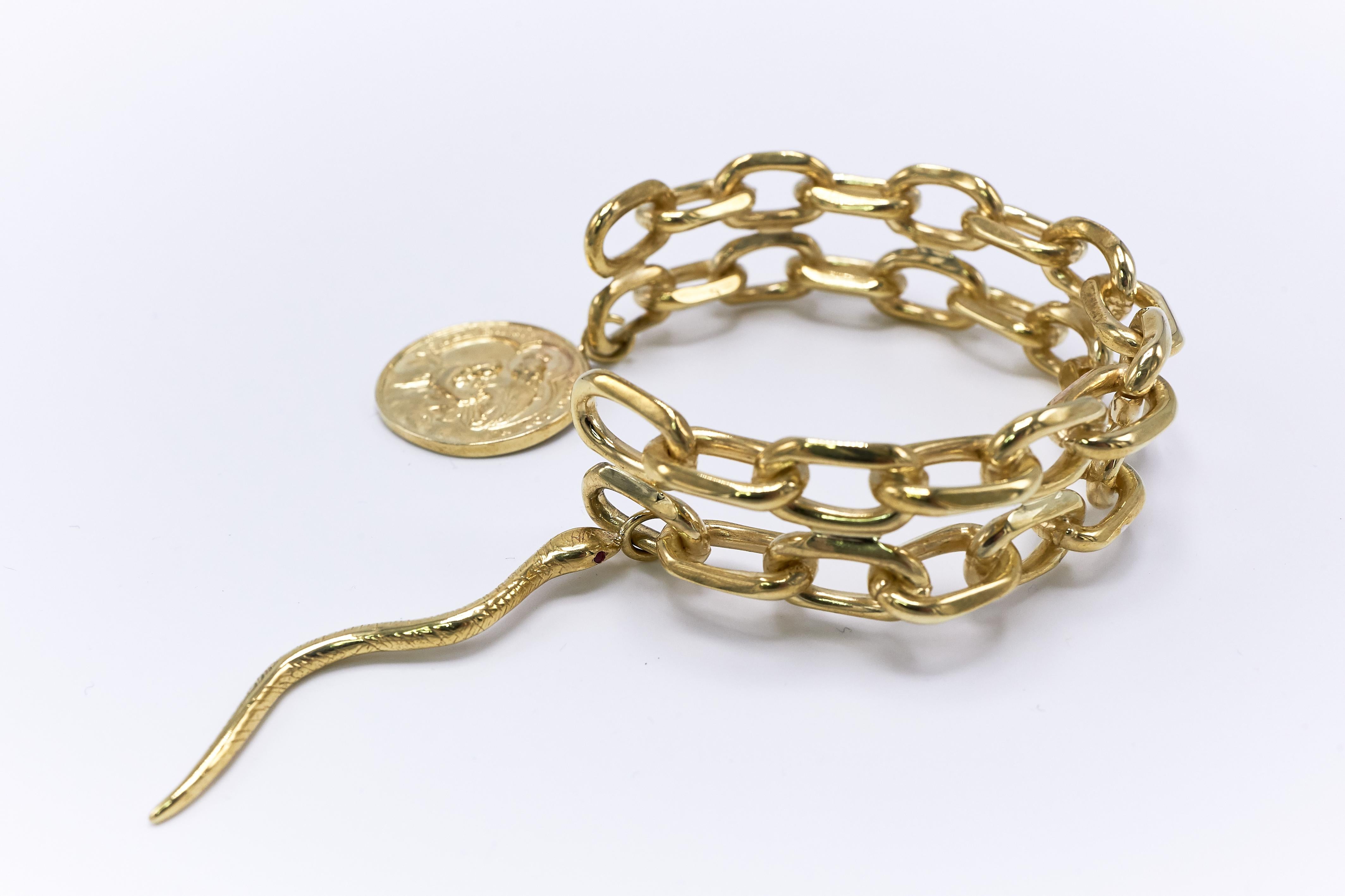 Contemporain Ruby Statement Arm Cuff Chain Bracelet Virgin Mary Medal Snake J Dauphin en vente