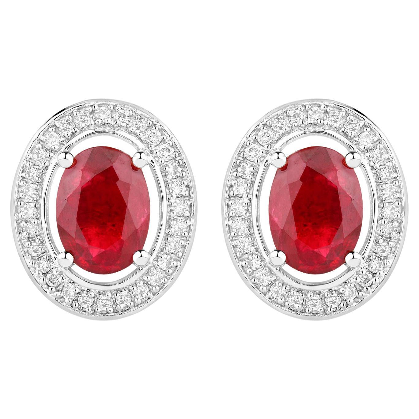 Ruby Stud Earrings Halo Diamonds 2.1 Carats 14K White Gold