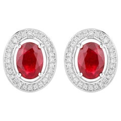 Ruby Stud Earrings Halo Diamonds 2.1 Carats 14K White Gold