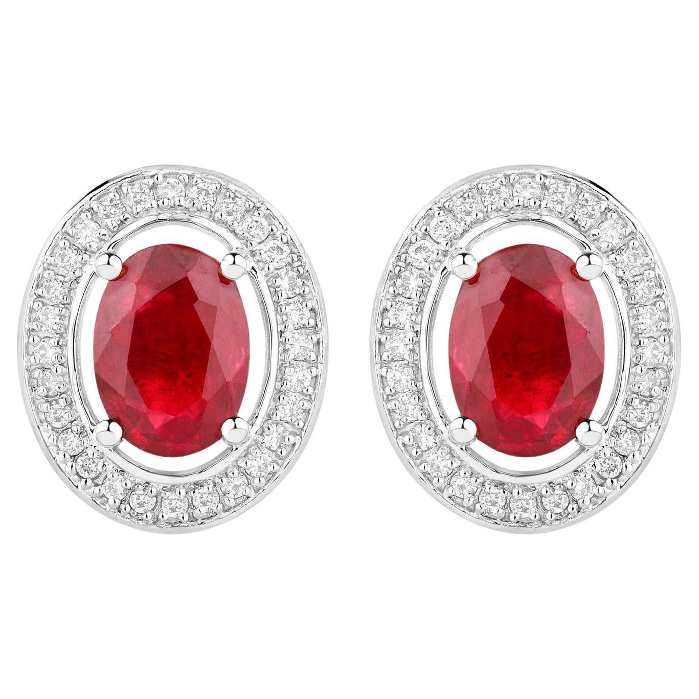 Ruby Stud Earrings Halo Diamonds 2.1 Carats 14K White Gold