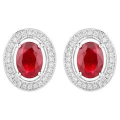 Pendientes Rubí Halo Diamantes 2.1 Quilates Oro Blanco 14K