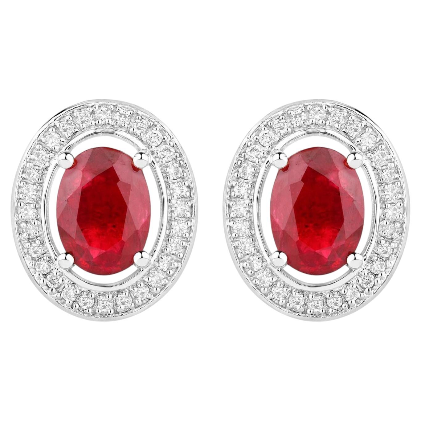 Ruby Stud Earrings Halo Diamonds 2.1 Carats 14K White Gold