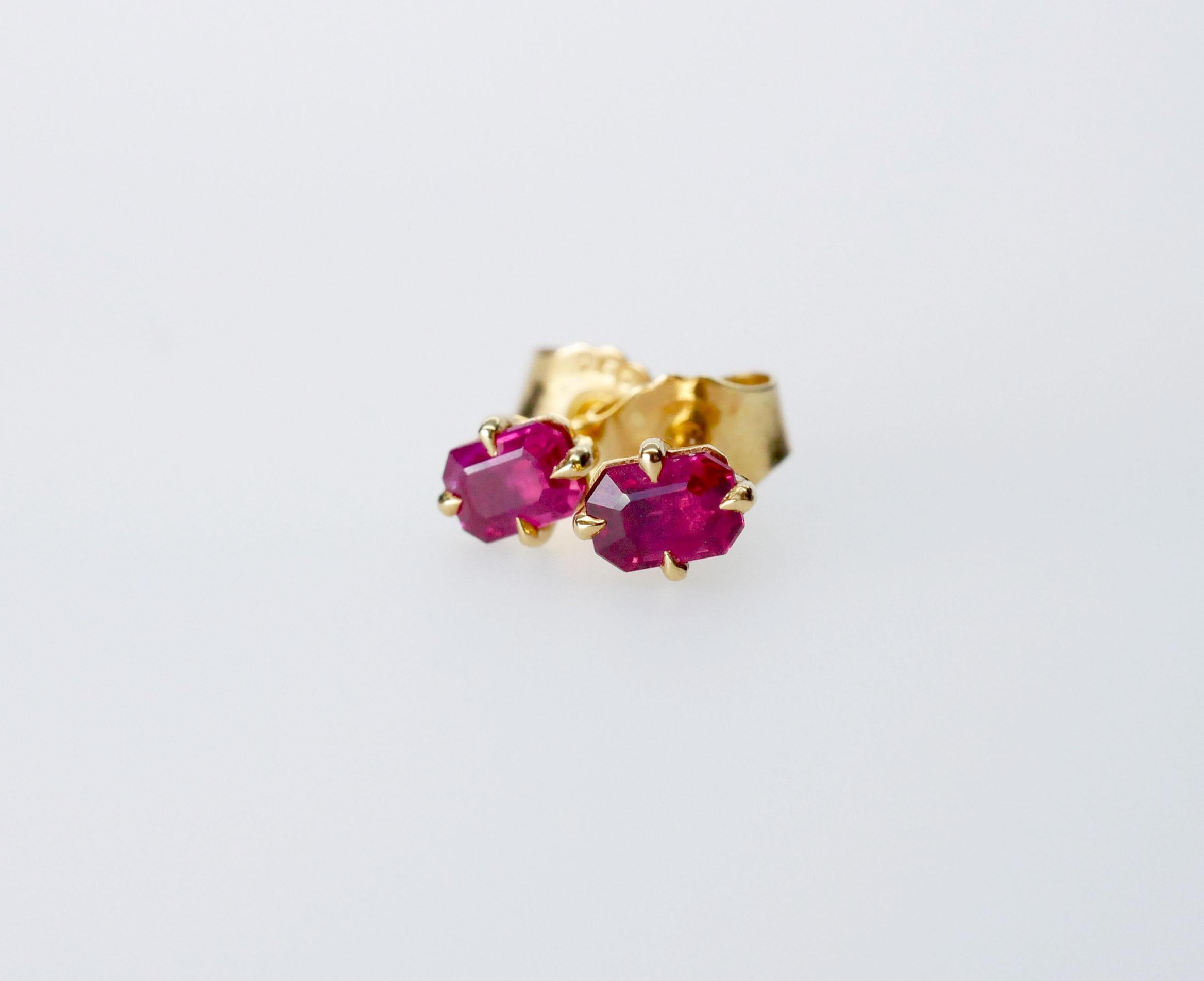 Octagon Cut Ruby Stud Earrings in 18 Karat Yellow Gold For Sale