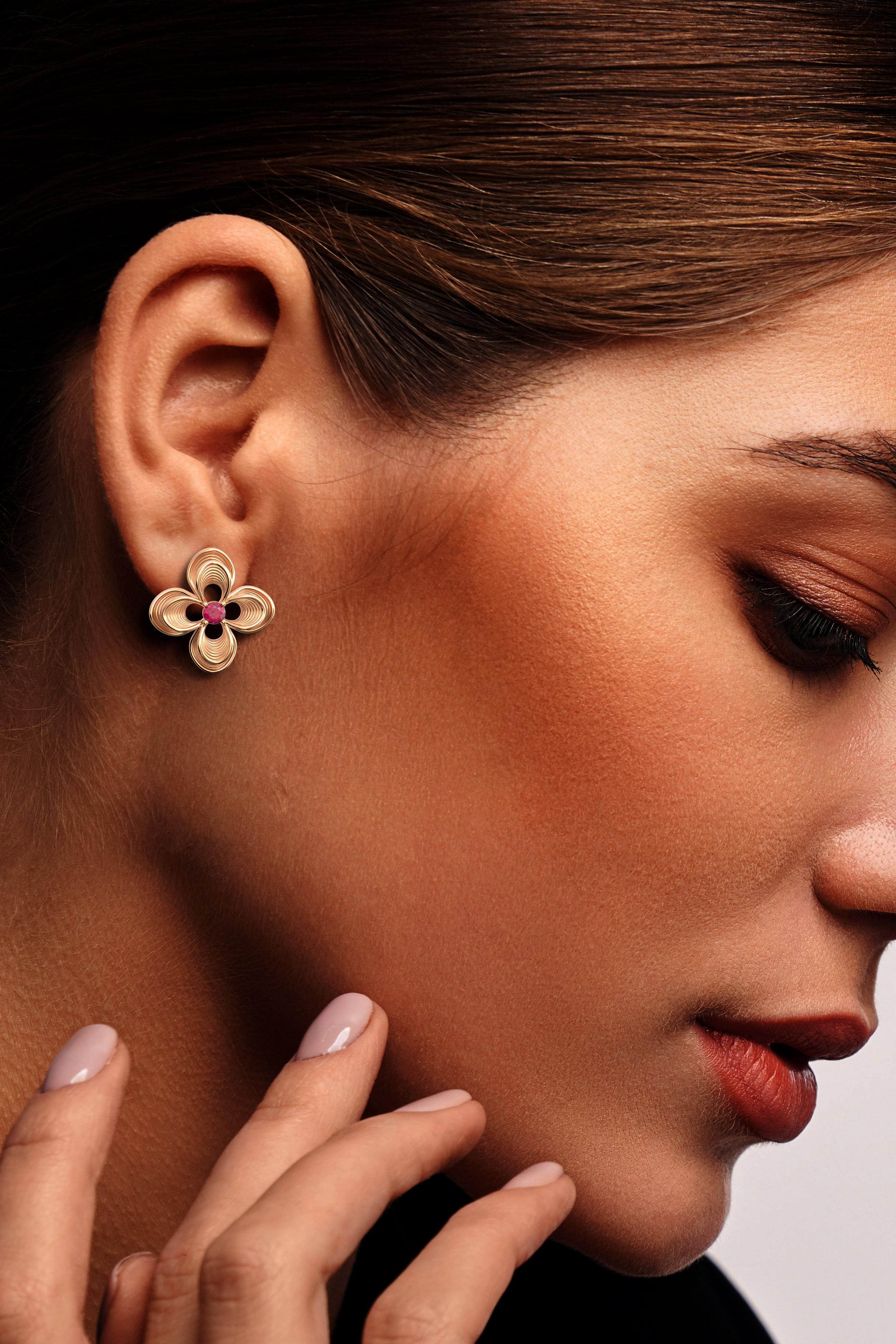 Brilliant Cut Ruby Stud Earrings in 18k Italian Gold by Oltremare Gioielli For Sale