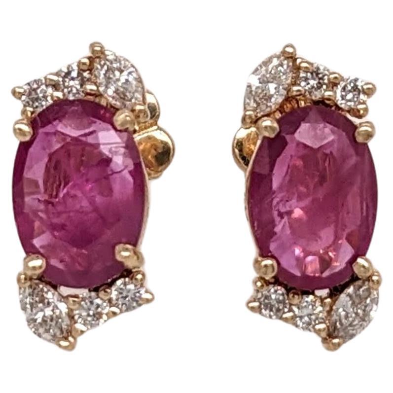 Ruby Stud Earrings w Earth Mined Diamonds in Solid 14K Yellow Gold Oval 7x5mm For Sale