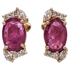 Ruby Stud Earrings w Earth Mined Diamonds in Solid 14K Yellow Gold Oval 7x5mm