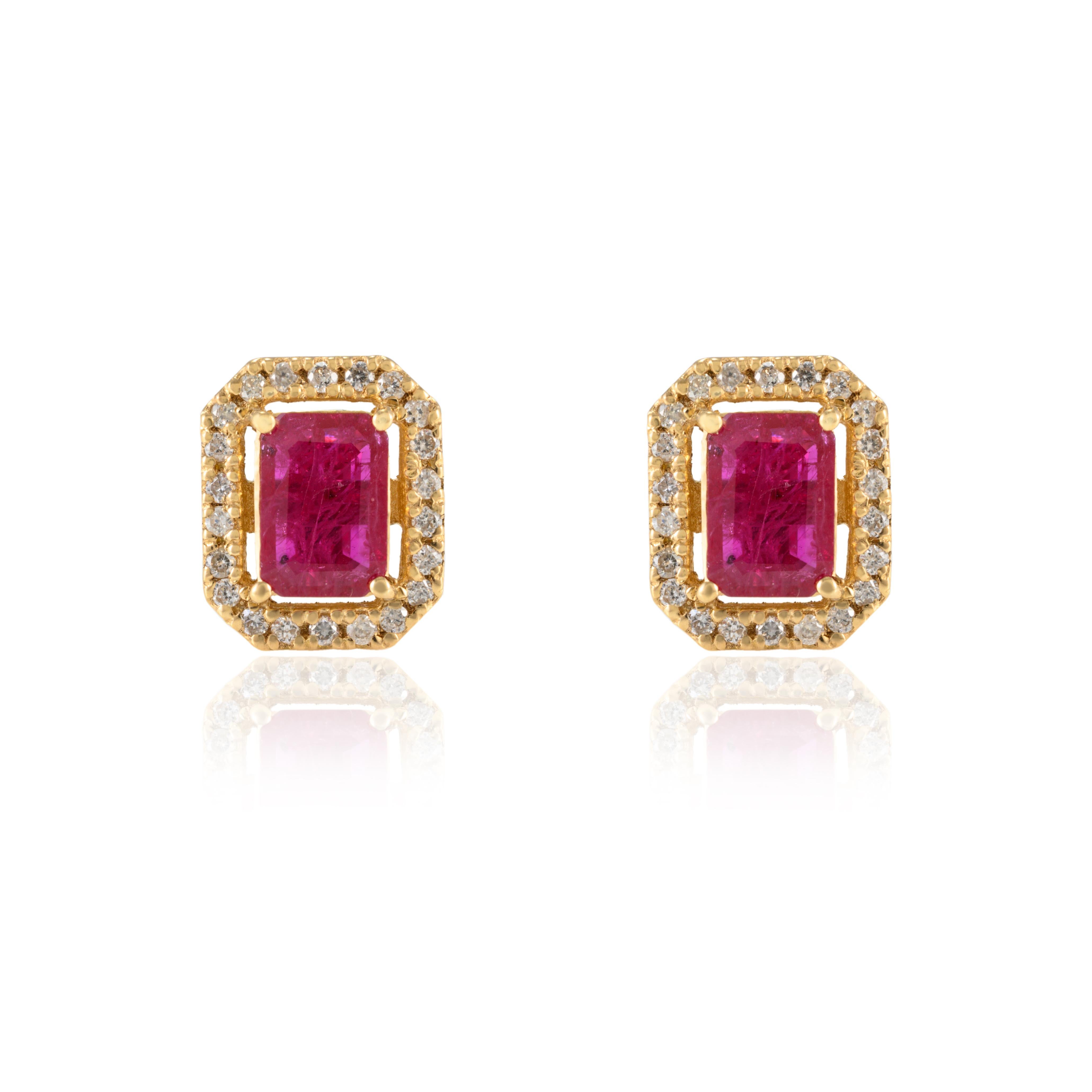 Art Deco Ruby Halo Diamond Stud Earrings in 18k Solid Yellow Gold Gift For Her For Sale