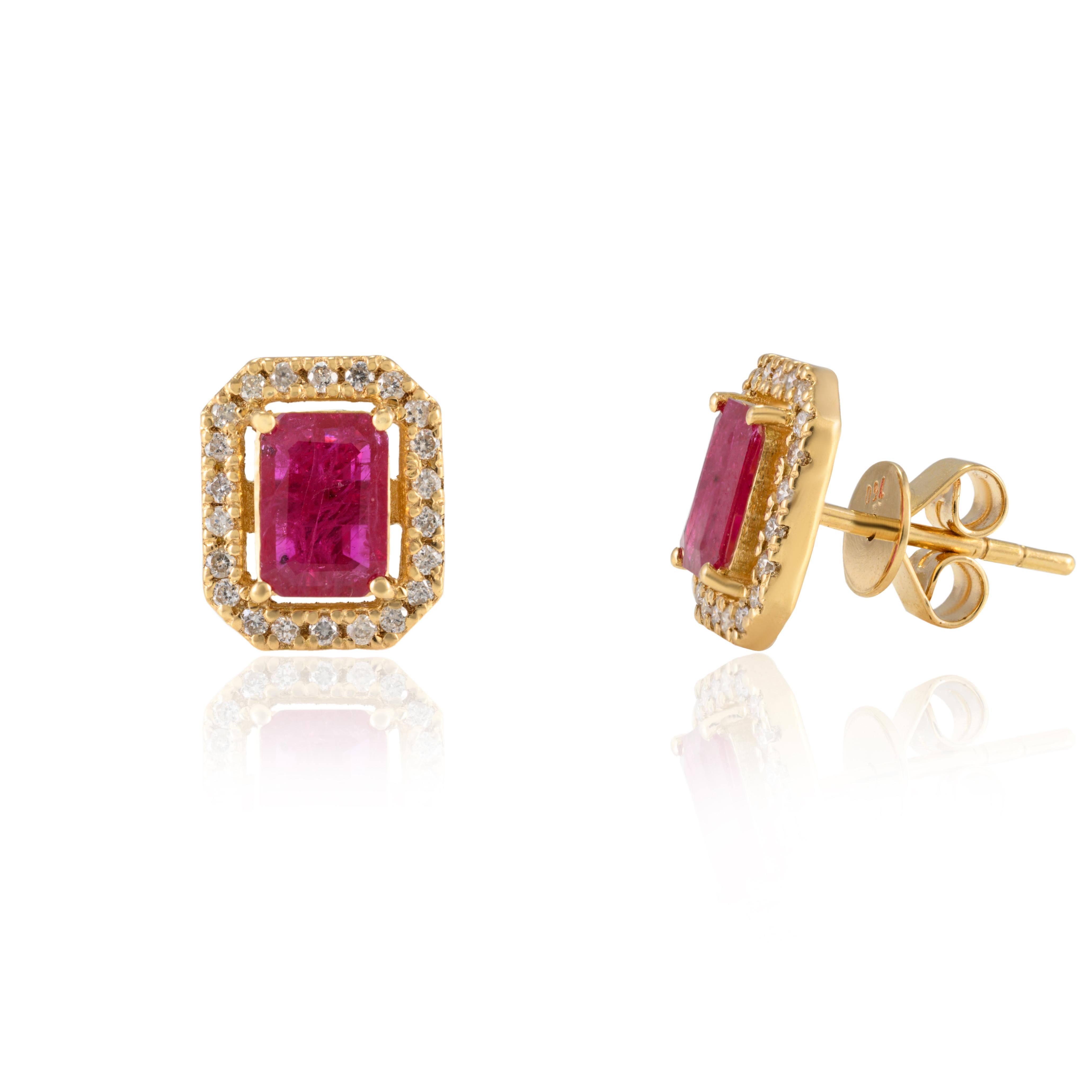Ruby Halo Diamond Stud Earrings in 18k Solid Yellow Gold Gift For Her In New Condition For Sale In Houston, TX