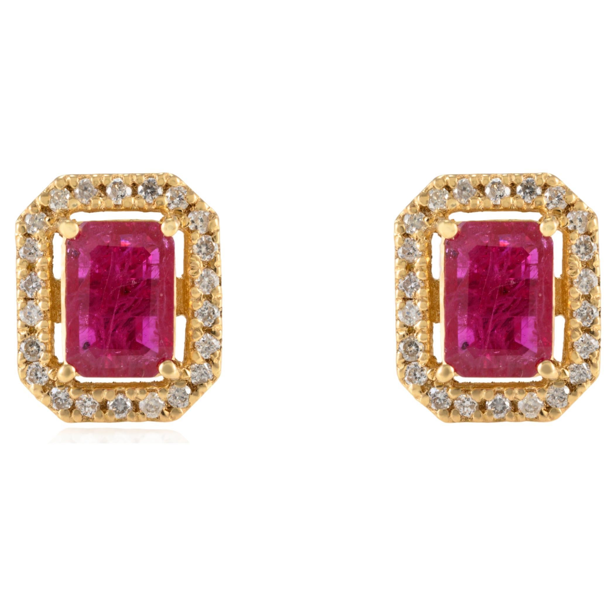 Ruby Halo Diamond Stud Earrings in 18k Solid Yellow Gold Gift For Her