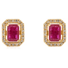 Ruby Halo Diamond Stud Earrings in 18k Solid Yellow Gold Gift For Her