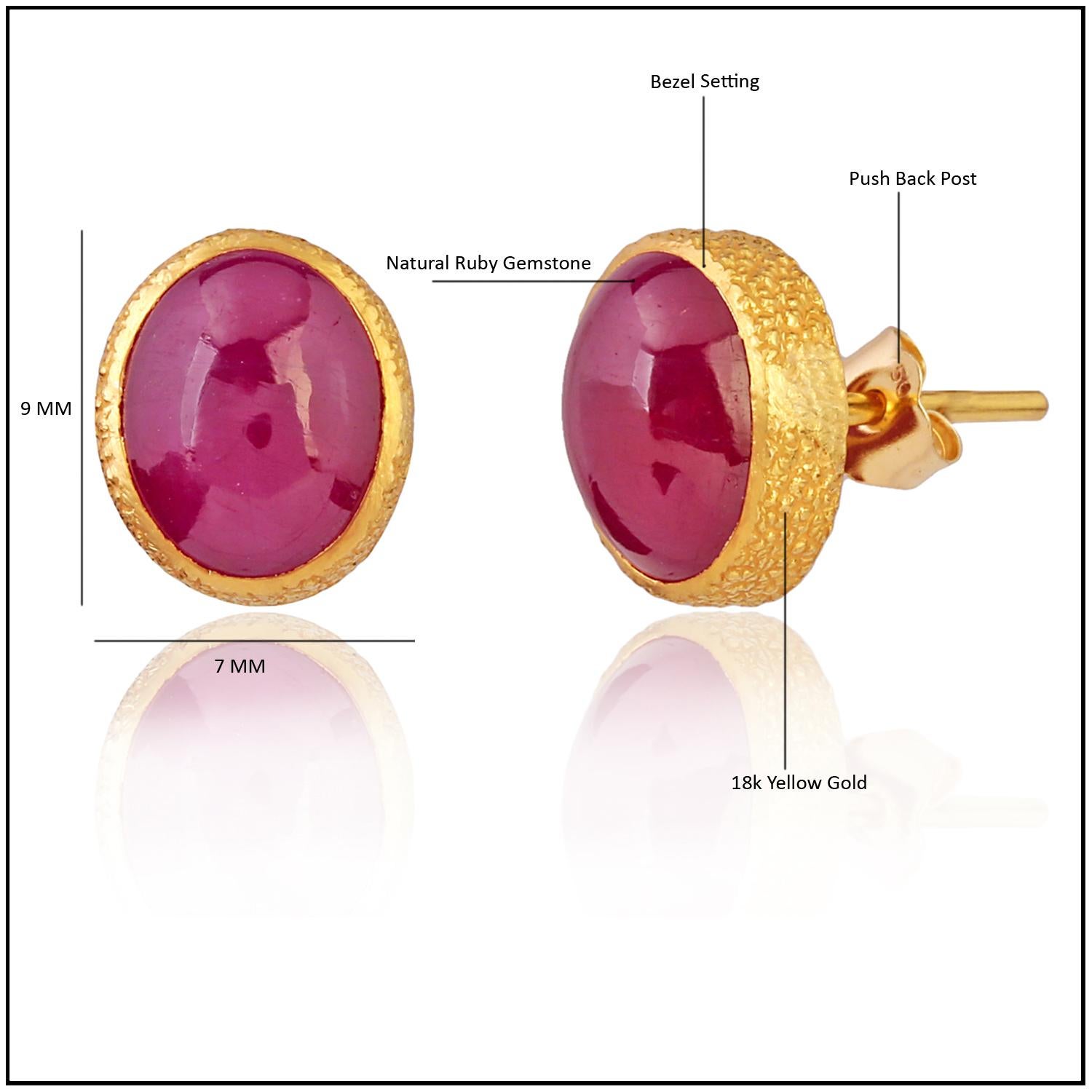 A stunning diamond oval shape stud earrings featured solid 18k yellow gold and set with precious gemstone Ruby, the perfect collection for fine jewelry.

Specifications

Dimensions: 11*9 MM
Gross Weight: 3.210 gms
Gold Weight: 1.494 gms
Gold Purity: