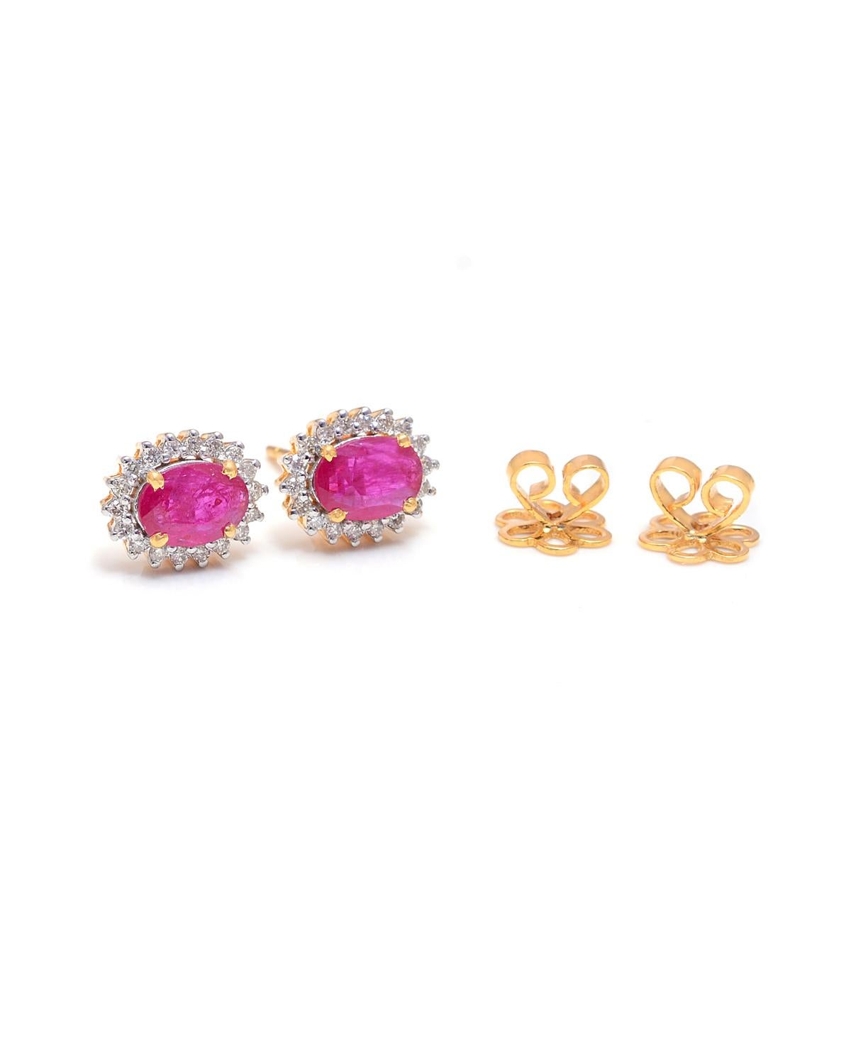 Astonishing ruby gemstone stud earrings in 14k yellow gold and natural diamonds make your heart smile and grab every attention. 

 Specification:-	
Gross Weight:  2.770 grams
Gold Weight:  	2.438 grams
Diamond Weight: 0.27 cts
Ruby Weight: 1.39