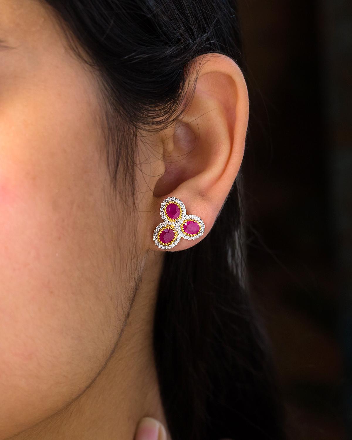 Art déco Boucles d'oreilles rubis avec diamant en or 14K en vente