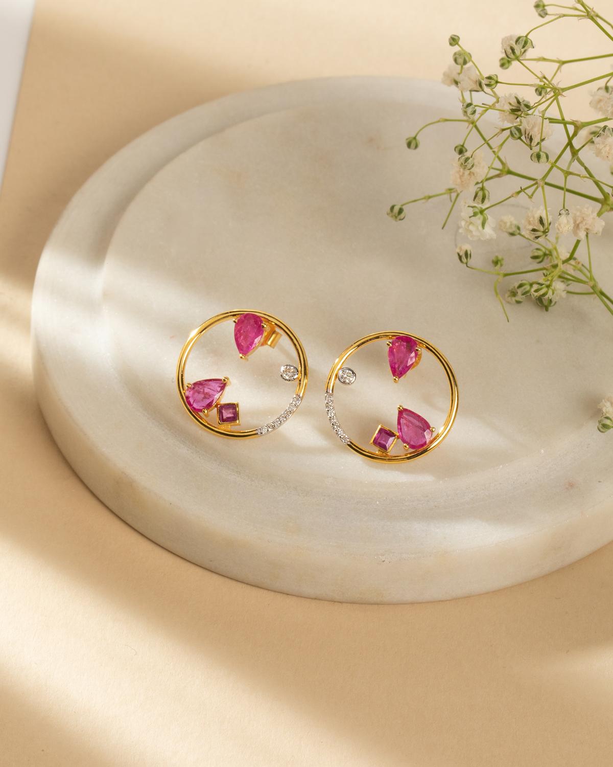 Art Deco Ruby Stud Earrings with Diamond in 14k Gold For Sale