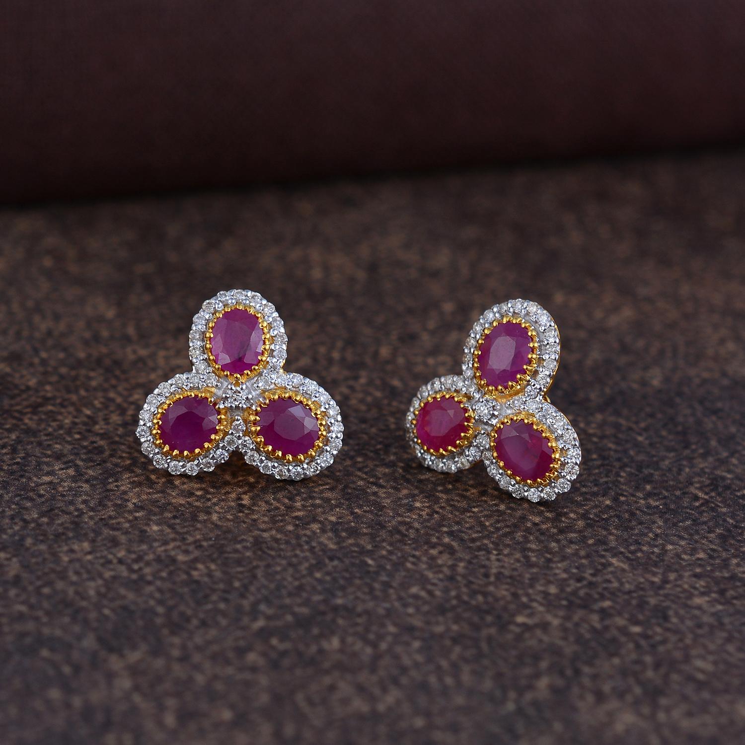 Taille brillant Boucles d'oreilles rubis avec diamant en or 14K en vente