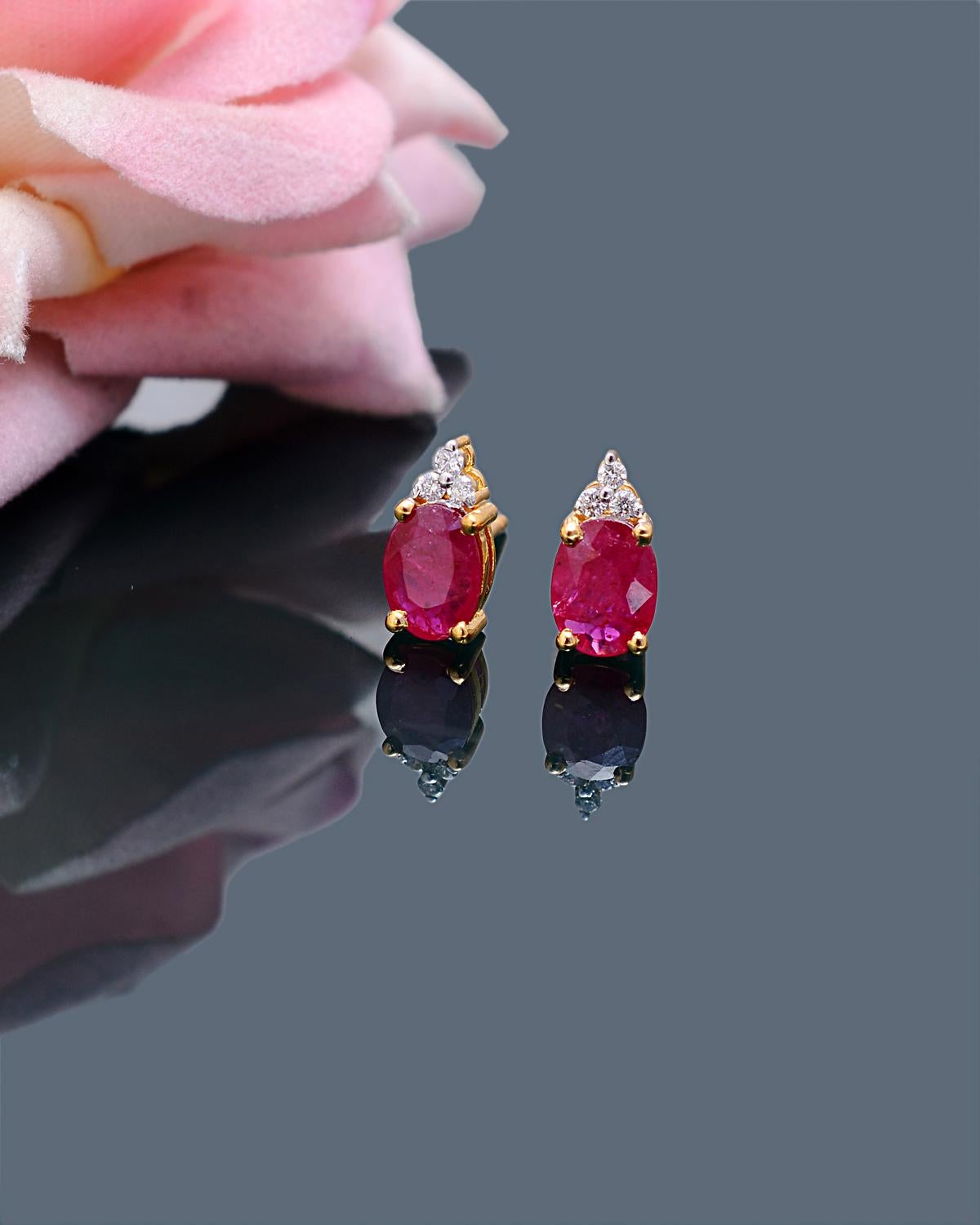 Brilliant Cut Ruby Stud Earrings with Diamond in 14k Gold For Sale