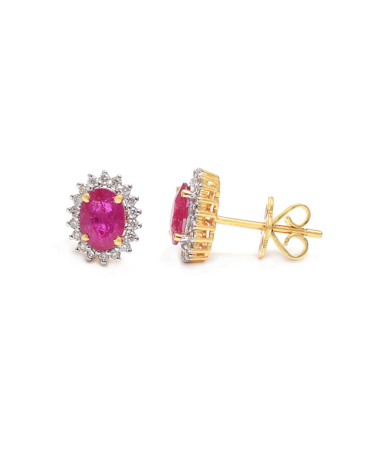 Brilliant Cut Ruby Stud Earrings with Diamond in 14k Gold For Sale