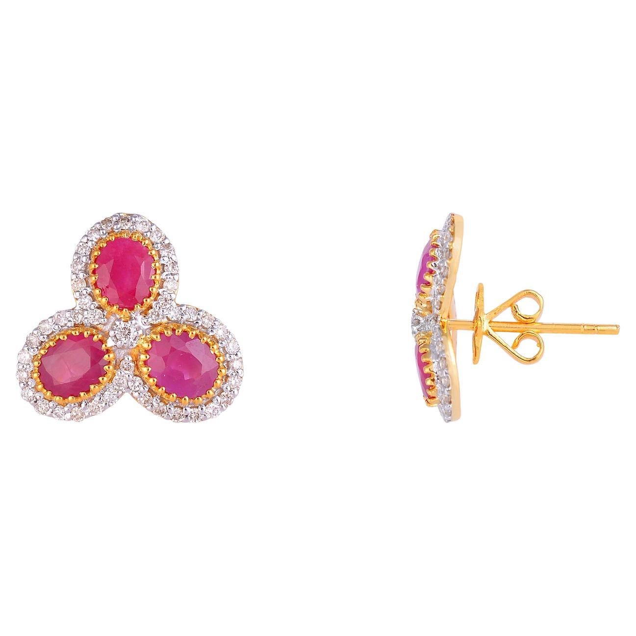 Ruby Stud Earrings with Diamond in 14k Gold For Sale