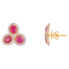 Ruby Stud Earrings with Diamond in 14k Gold