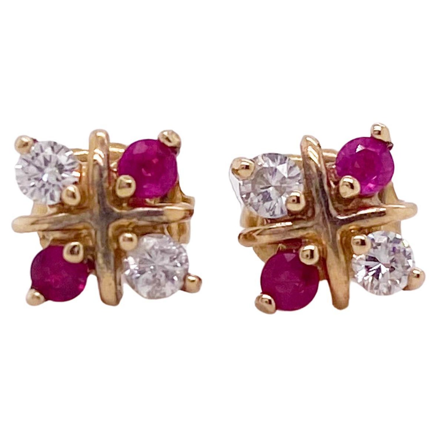 Ruby Stud Earrings With Diamonds X Design In 14 Karat Yellow Gold Posts For Sale At 1stdibs