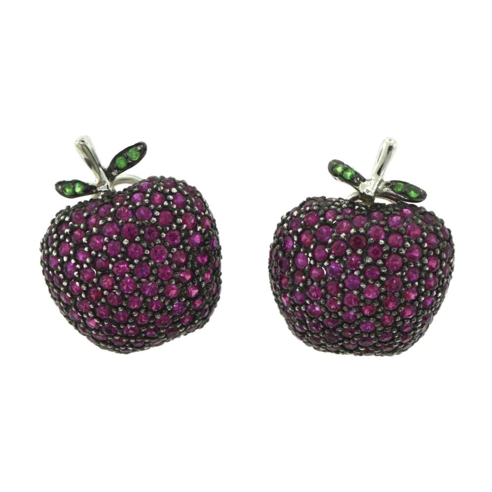 Ruby Studded and Emerald Apple in 18 Karat White Gold Blossom Earrings For Sale