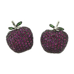 Ruby Studded and Emerald Apple in 18 Karat White Gold Blossom Earrings