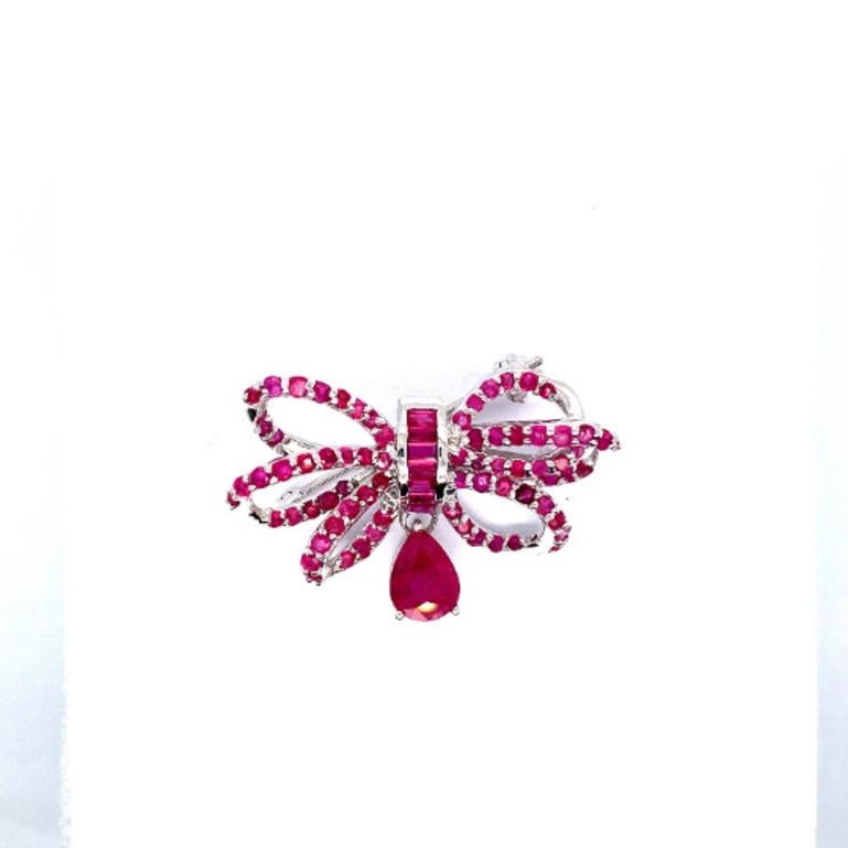 Modern Ruby Studded Bow Brooch Pin Handcrafted in 925 Sterling Silver Christmas Gifts For Sale