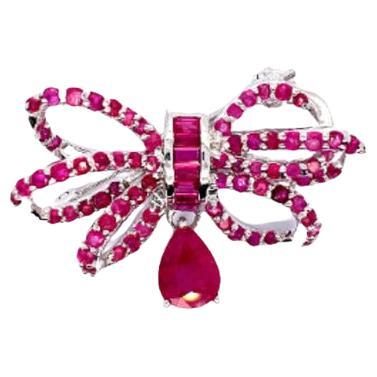 Ruby Studded Bow Brooch Pin Handcrafted in 925 Sterling Silver Christmas Gifts
