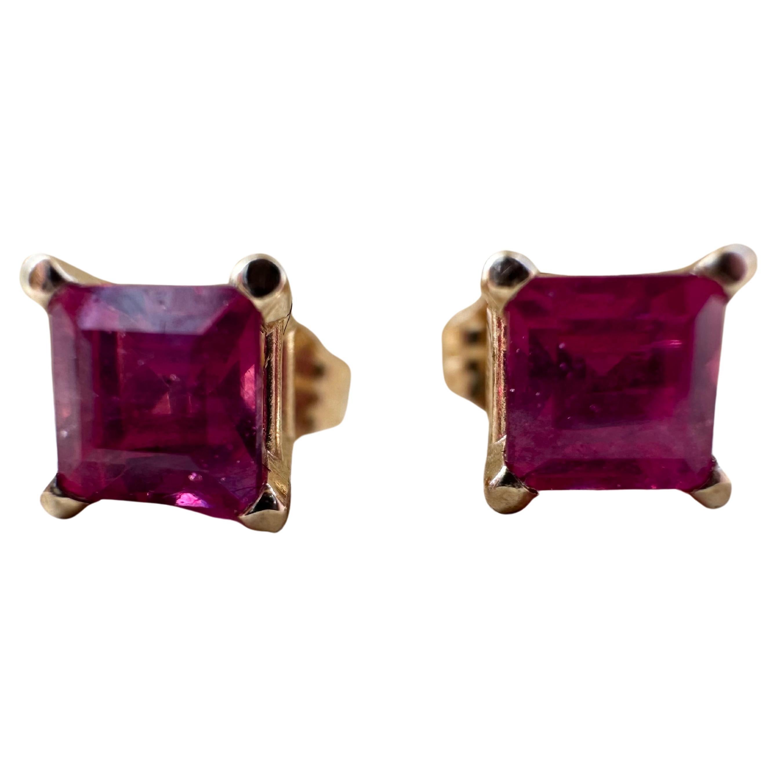 Ruby studs 14KT rose gold natural pink rubies princess cut For Sale