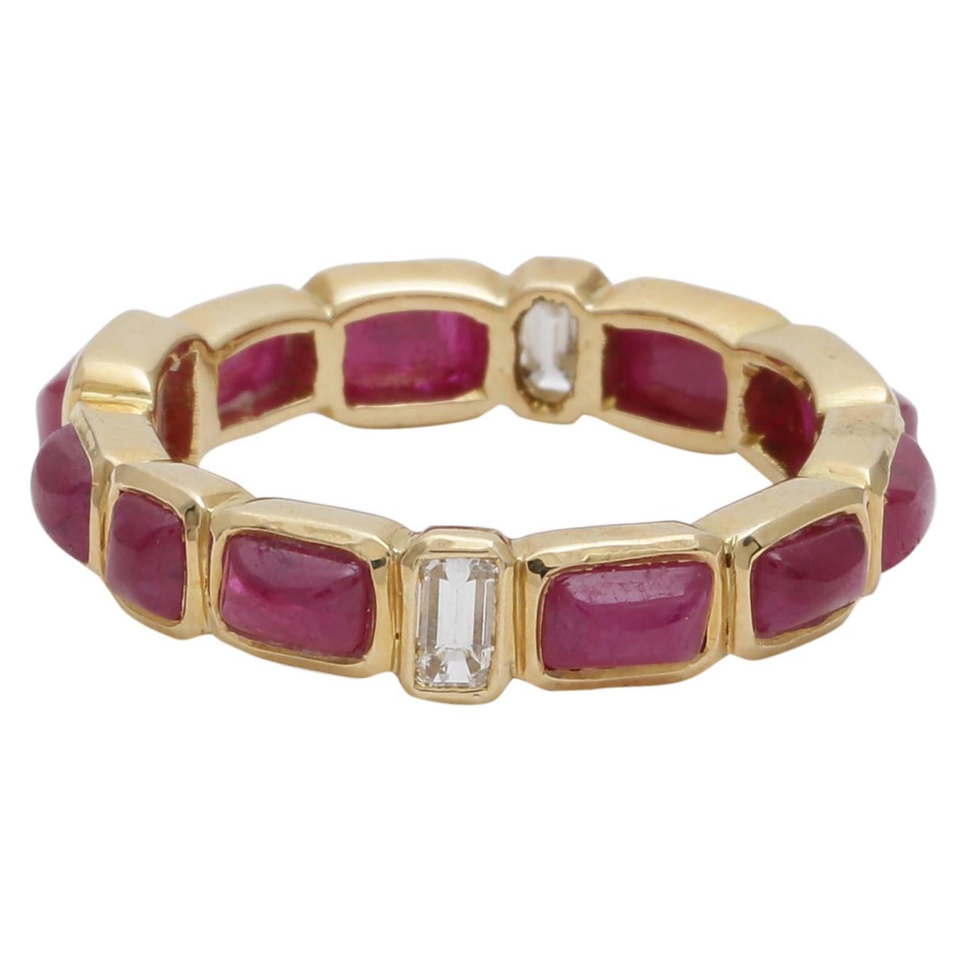 Ruby Sugarloaf and Diamond Baguette Stackable Eternity Ring in 18 Karat Gold For Sale