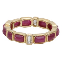 Ruby Sugarloaf and Diamond Baguette Stackable Eternity Ring in 18 Karat Gold