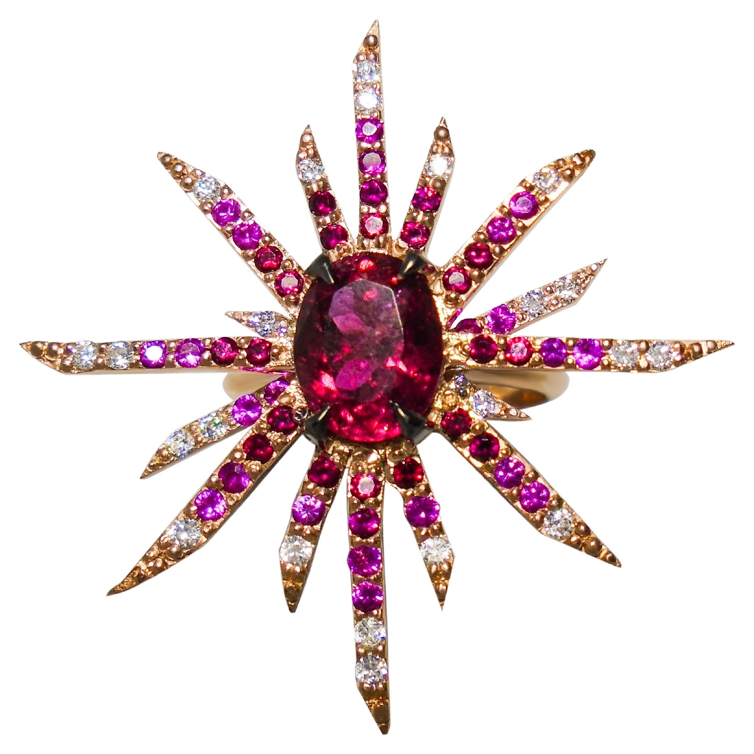 Ruby Supernova Rose Gold Ring with Diamonds, Rubies and Hot Pink Sapphires For Sale