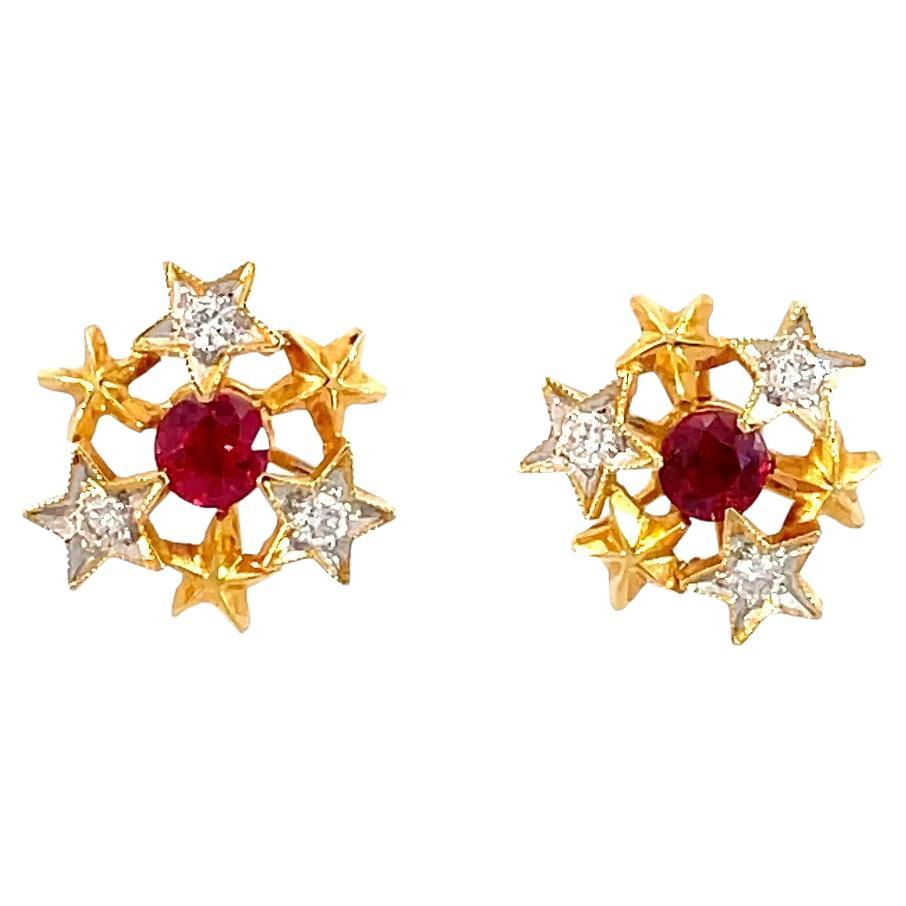 Ruby Surrounded by Stars with Diamonds in 18K Gold For Sale