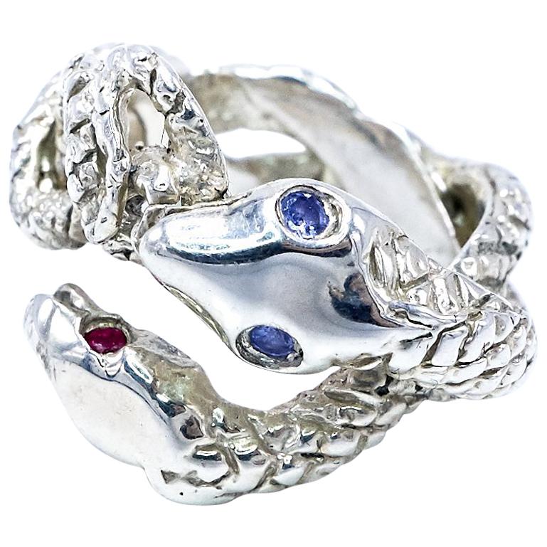 Snake Ring Silver Serpent Ruby Tanzanite Cocktail Ring J Dauphin For Sale