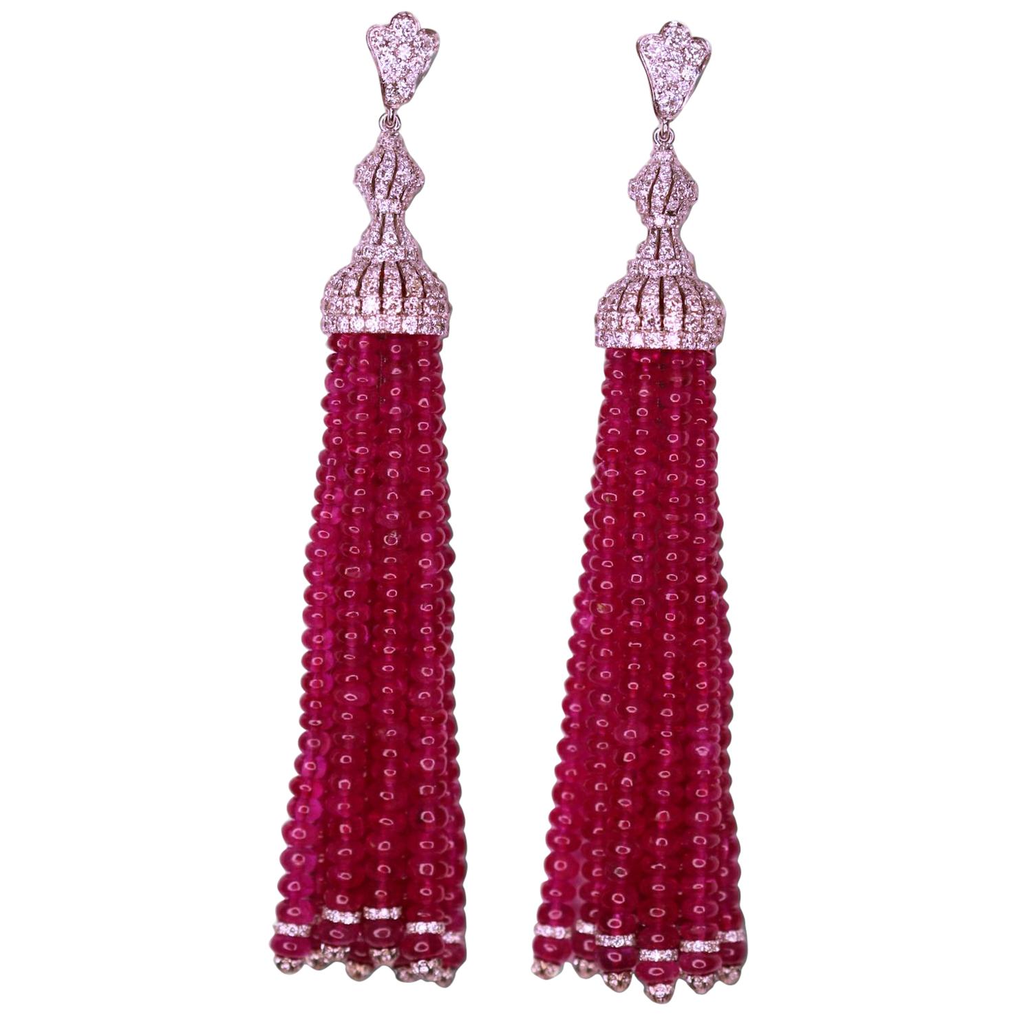 Ruby Tassel and Diamond 18 Karat White Gold Earrings at 1stDibs