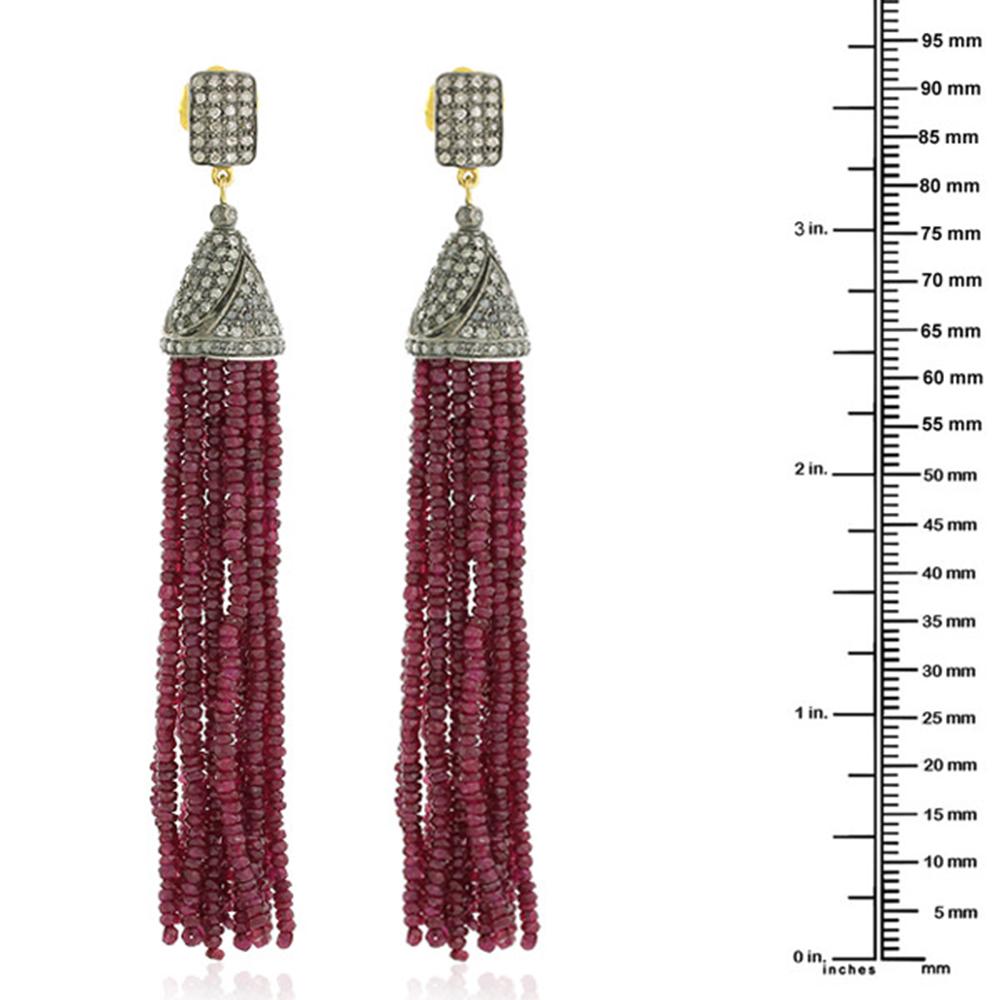 Art Deco Ruby Tassel Dangle Earring with Diamonds Made in 18k Yellow Gold & Silver For Sale