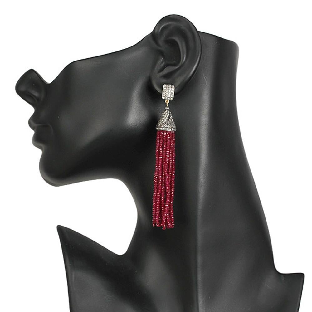 Mixed Cut Ruby Tassel Dangle Earring with Diamonds Made in 18k Yellow Gold & Silver For Sale