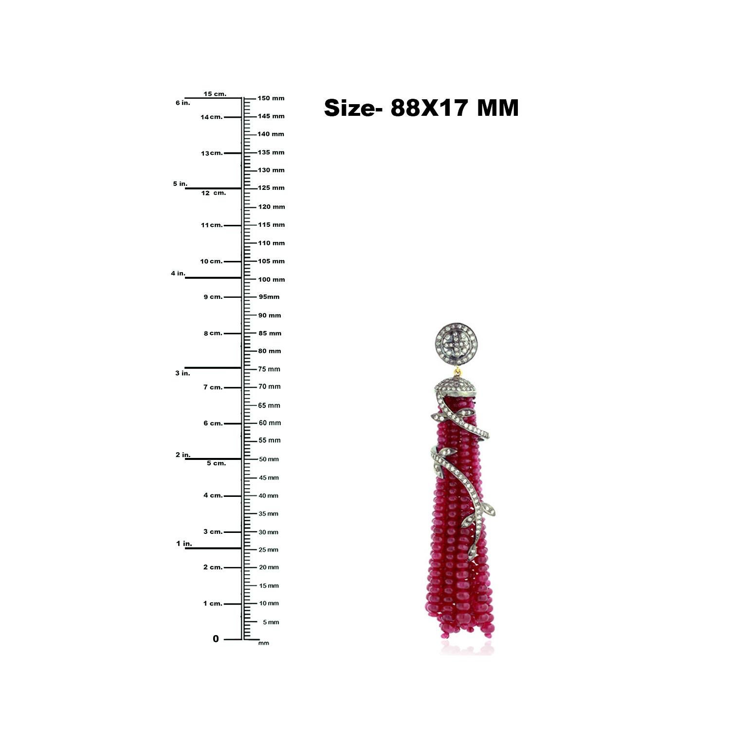 Artisan Ruby Tassel Pendant With Pave Diamonds In 18k Yellow Gold & Silver For Sale