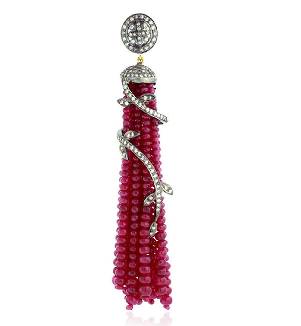 Mixed Cut Ruby Tassel Pendant With Pave Diamonds In 18k Yellow Gold & Silver For Sale