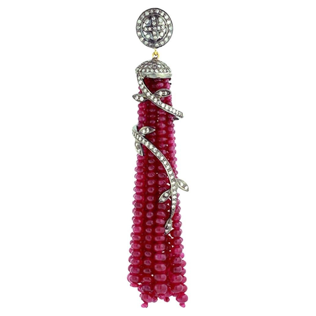Ruby Tassel Pendant With Pave Diamonds In 18k Yellow Gold & Silver For Sale