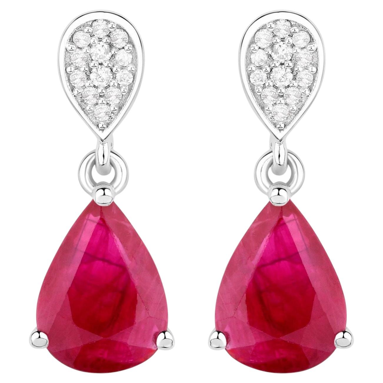 Ruby Teardrop Earrings Diamonds 2.4 Carats 14K White Gold