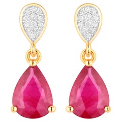 Ruby Teardrop Earrings Diamonds 2.4 Carats 14K Yellow Gold